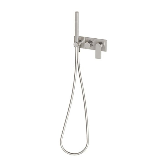 Phoenix Teel wall shower system in brushed nickel with wall-mounted rail, hand shower and hose