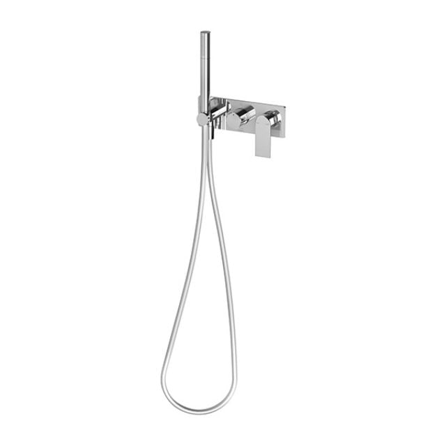Phoenix Teel wall shower system in chrome, wall-mounted with hand shower, hose and rectangular diverter plate