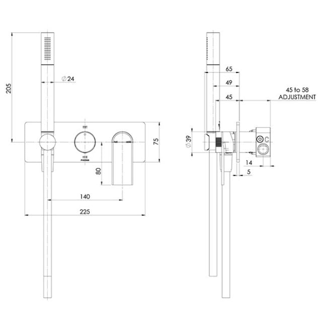 Technical drawing of the Phoenix Teel wall shower system in matte black, showing front and side views with dimensions.