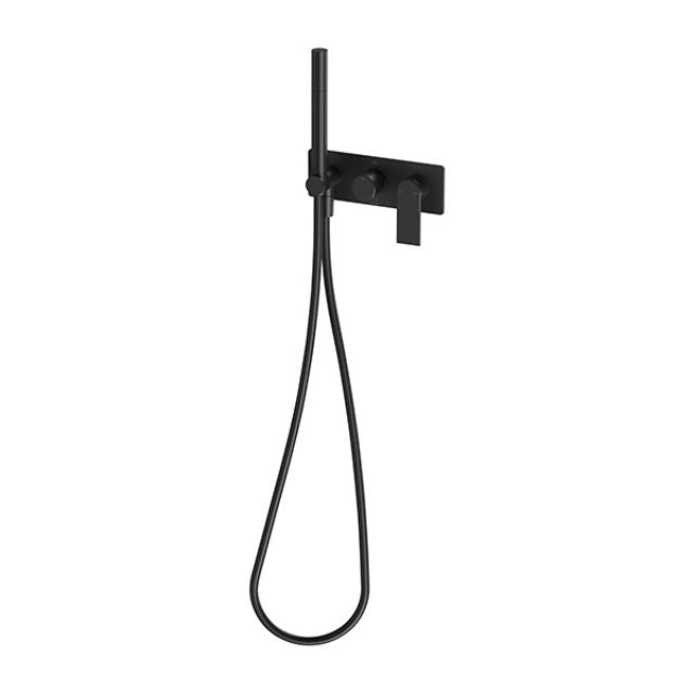 Phoenix Teel wall shower system in matte black, wall-mounted shower rail with hand shower and hose on rectangular backplate
