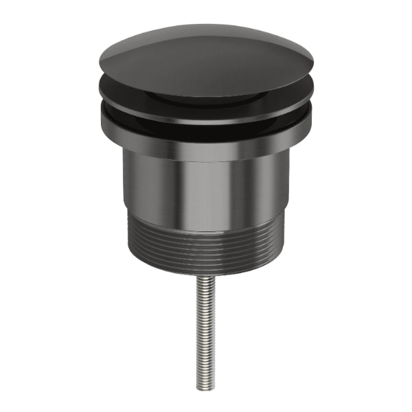 Phoenix universal pop-up basin waste, brushed carbon finish, round dome plug with threaded tailpiece on white background