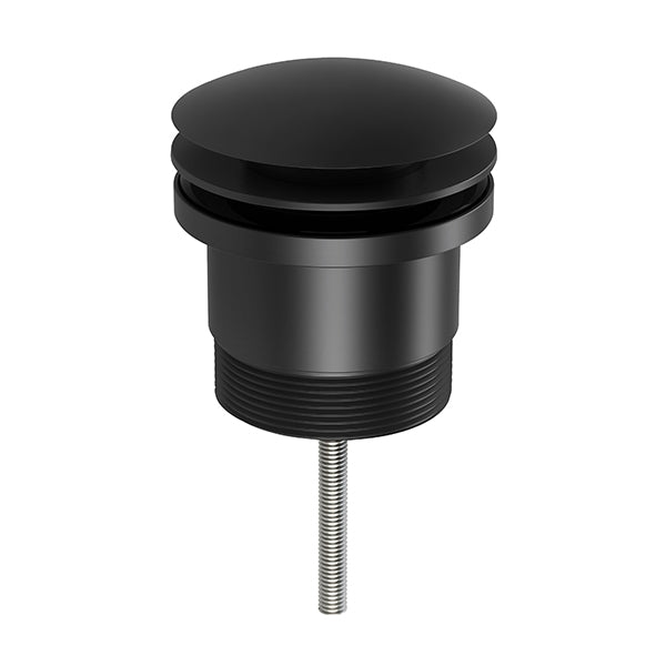 Phoenix universal pop-up plug and waste in matte black, round 40mm basin waste with threaded fitting on white background