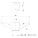 Phoenix Vertical Rail Hook Round brushed bronze technical drawing, slides onto 32mm rail, with dimensions shown