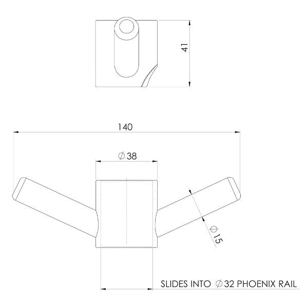 Phoenix Vertical Rail Hook Round chrome bathroom accessory technical drawing with dimensions and rail fit details