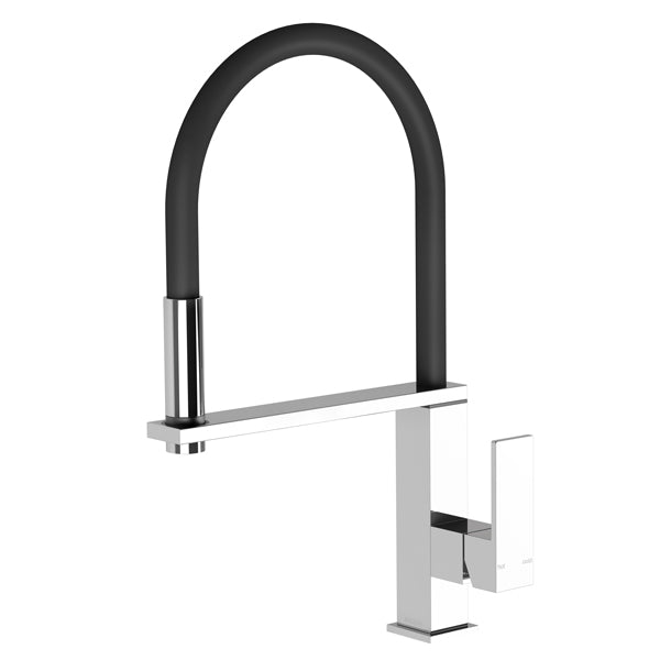 Phoenix Vezz square pull out sink mixer in chrome with black flexible hose, side view on white background
