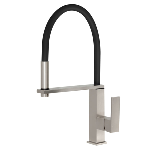 Phoenix Vezz flexible hose sink mixer in brushed nickel with square base and black pull-out hose, front view
