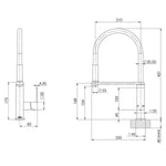 Phoenix Vezz flexible hose sink mixer technical drawing in matte black, showing square hob-mounted profile and dimensions