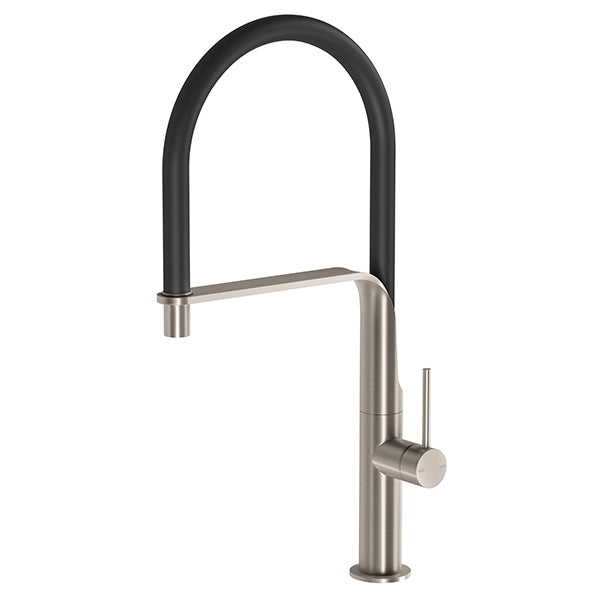 Phoenix Vido flexible hose sink mixer in brushed nickel with black pull-out hose and swivel spout, side lever view