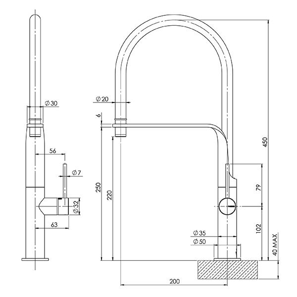 Phoenix Vido pull-out sink mixer technical drawing in chrome, with side and front views and dimensions shown