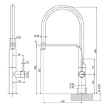 Phoenix Vido flexible hose sink mixer technical drawing, matte black, side and front views with dimensions