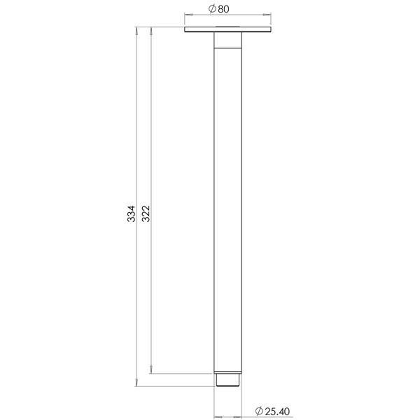 Phoenix Vivid ceiling shower arm technical drawing in brushed carbon, 300mm round arm with dimensions shown