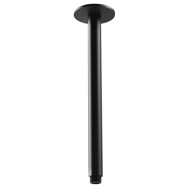 Phoenix Vivid 300mm ceiling shower arm in matte black, round wall plate and threaded end, isolated on white