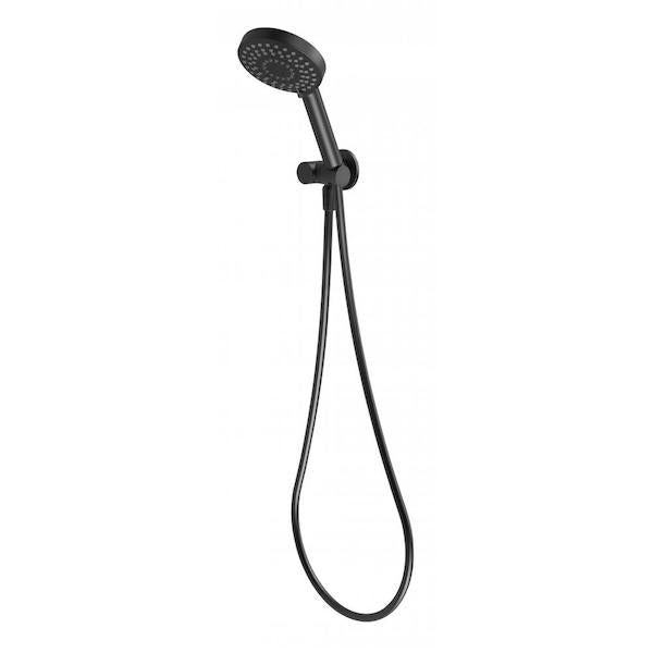 Phoenix Vivid matte black round hand shower with hose and wall bracket on white background