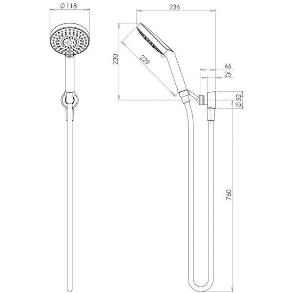 Phoenix Vivid matte black round hand shower technical drawing with wall bracket and hose measurements shown