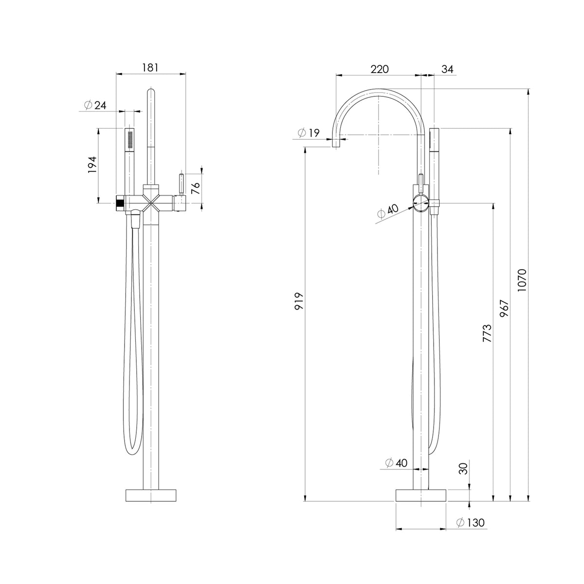Phoenix Vivid MKII Floor Mounted Bath Mixer with Hand Shower - Brushed Nickel