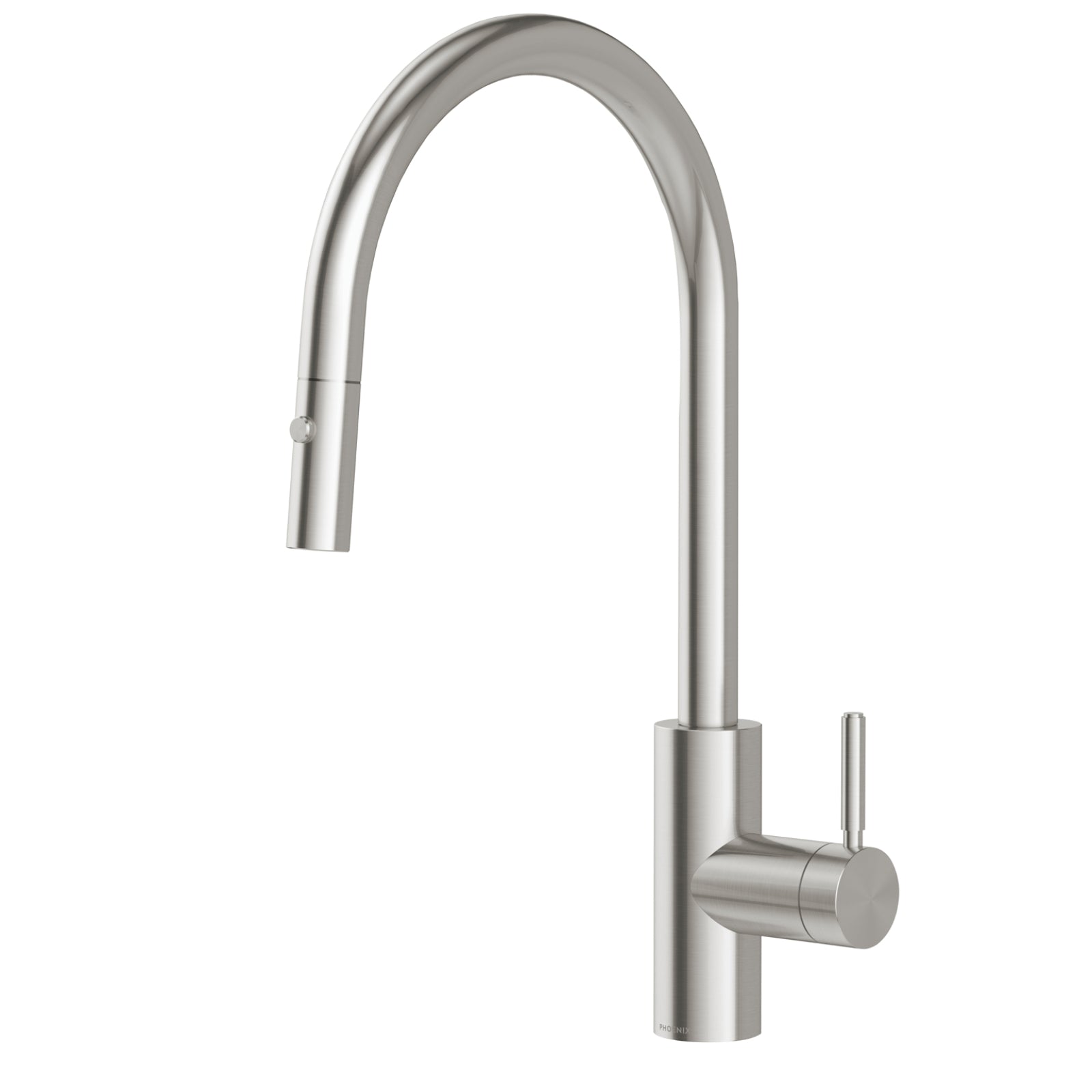 Phoenix Vivid MKII pull out sink mixer in stainless steel with tall gooseneck spout and side lever on white background