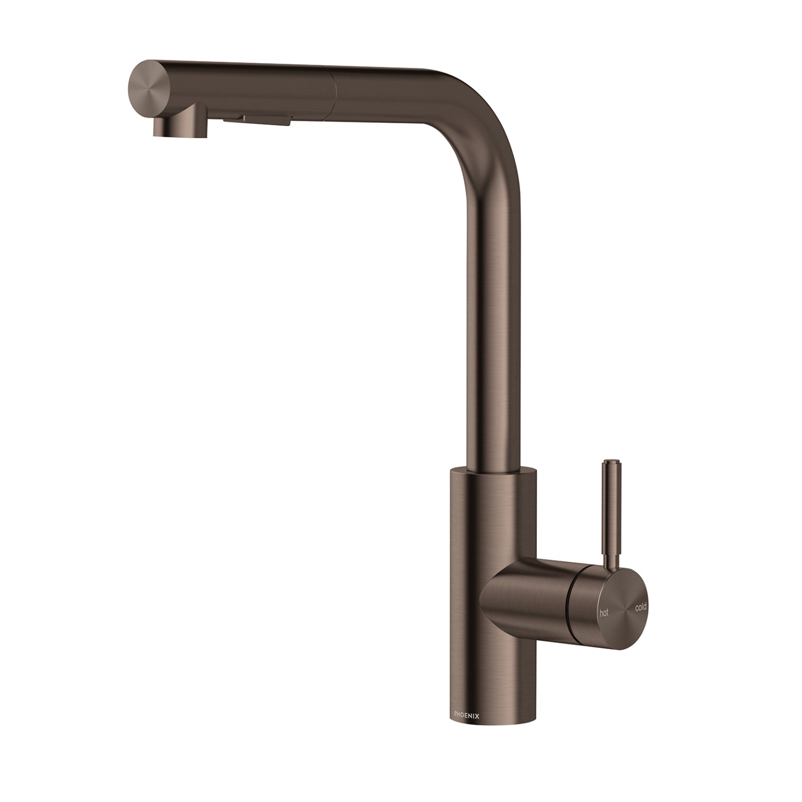 Phoenix Vivid MKII pull out sink mixer in brushed bronze, L-shaped with cylindrical body and swivel spout on white background