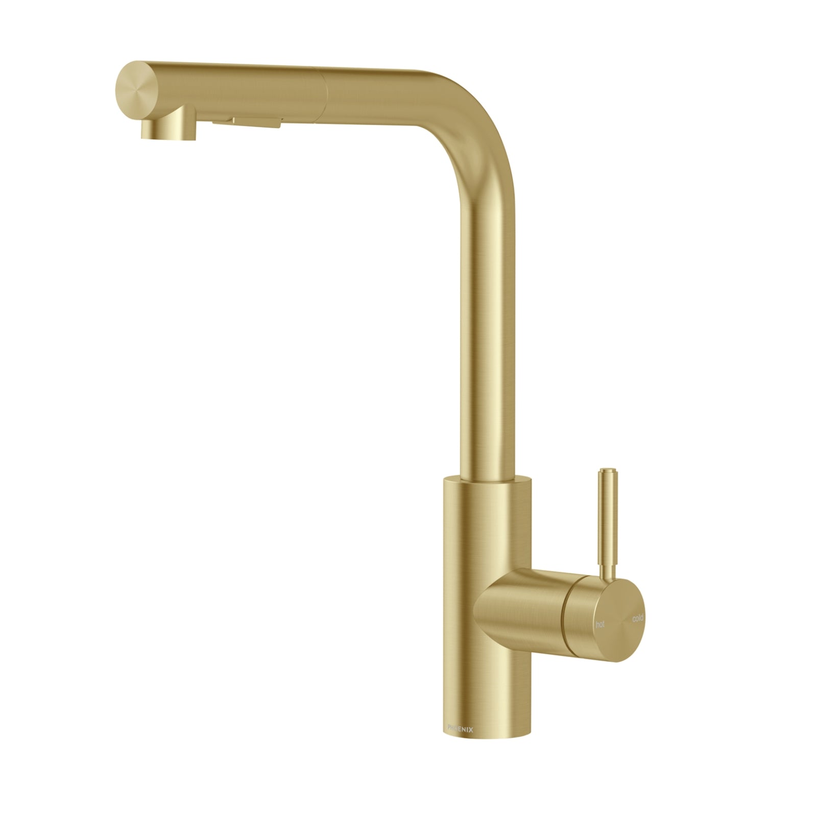 Phoenix Vivid MKII L-shaped pull out sink mixer in brushed gold, with cylindrical body and side lever on white background