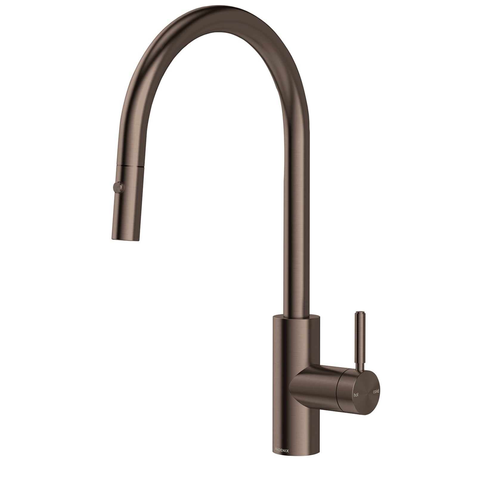 Phoenix Vivid MKII pull out sink mixer in brushed bronze with tall gooseneck spout and single lever handle on white background