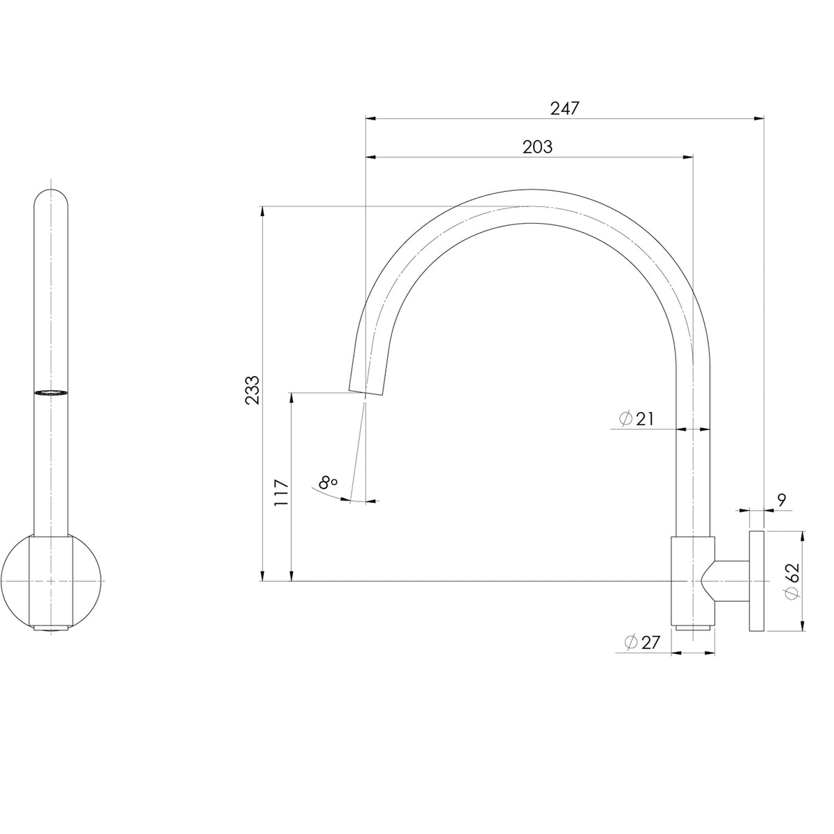 Phoenix Vivid MKII Wall Sink Outlet 200mm Gooseneck - Brushed Nickel