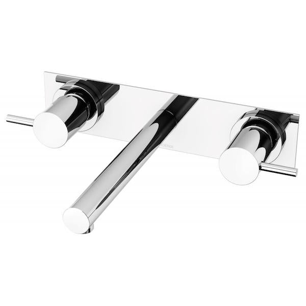 Phoenix Vivid chrome 3-piece basin tap set with pin lever handles and wall-mounted spout on backplate