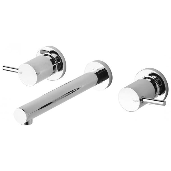 Phoenix Vivid chrome bath set with round pin lever handles and 200mm wall-mounted spout, shown on white background