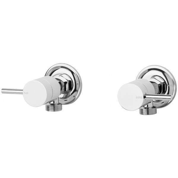Phoenix Vivid chrome pin lever washing machine stops, hot and cold wall-mounted tap set on white background