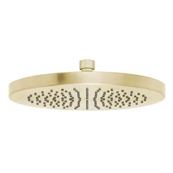 Phoenix Vivid round shower rose, brushed gold, front view, 230mm shower head only on white background