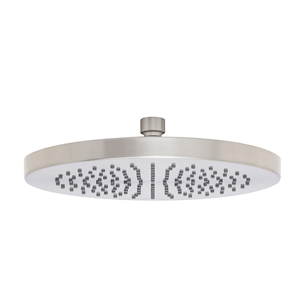Phoenix Vivid 230mm round shower rose in brushed nickel, front view with single spray nozzles