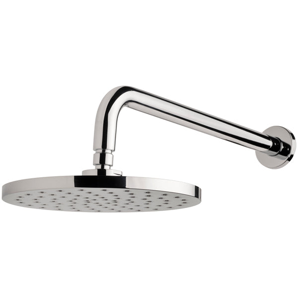 Phoenix Vivid chrome wall shower with 400mm arm and round shower rose, shown in side view on white background