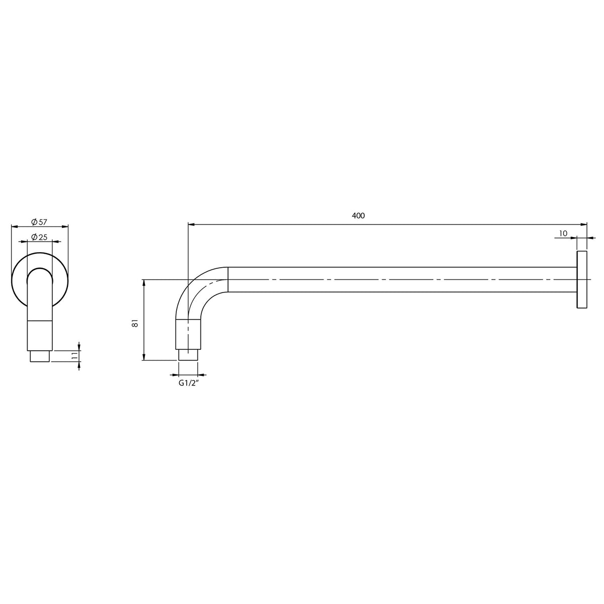 Phoenix Vivid 400mm round shower arm technical drawing, wall-mounted, brushed bronze, G1/2" connection