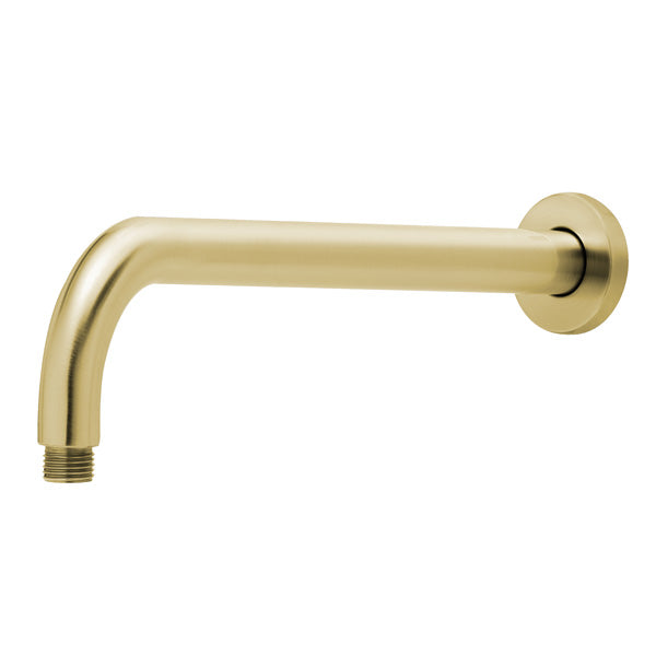 Phoenix Vivid 400mm round shower arm in brushed gold, wall-mounted, with threaded end and round wall flange