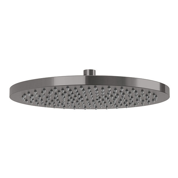 Phoenix Vivid 300mm round shower rose in brushed carbon, front view on white background