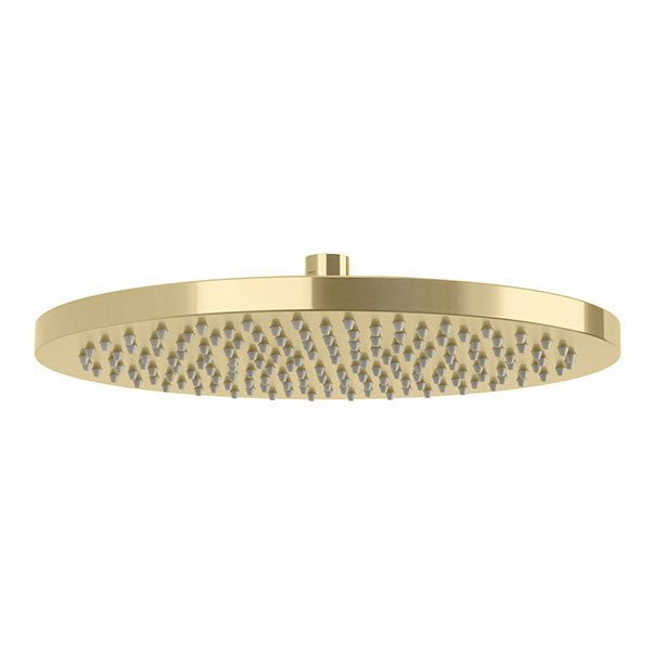 Phoenix Vivid 300mm round shower rose in brushed gold, front view on white background