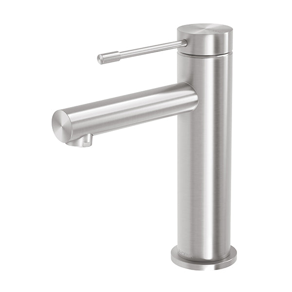 Phoenix Vivid Slimline basin mixer in brushed stainless steel, side view with slim pin lever handle