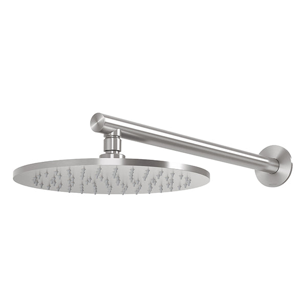 Phoenix Vivid Slimline shower arm and 250mm round shower rose in stainless steel, side view on white background
