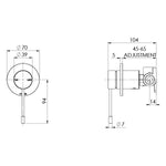 Technical drawing of Phoenix Vivid Slimline wall mixer in stainless steel, showing front and side views with dimensions and 45–65 mm adjustment