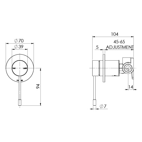 Technical drawing of Phoenix Vivid Slimline wall mixer in stainless steel, showing front and side views with dimensions and 45–65 mm adjustment