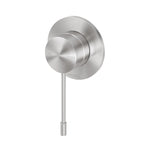 Phoenix Vivid Slimline wall mixer in stainless steel, round brushed finish with thin pin lever, front view on white background