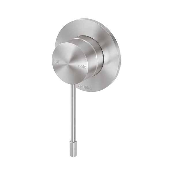 Phoenix Vivid Slimline wall mixer in stainless steel, round brushed finish with thin pin lever, front view on white background