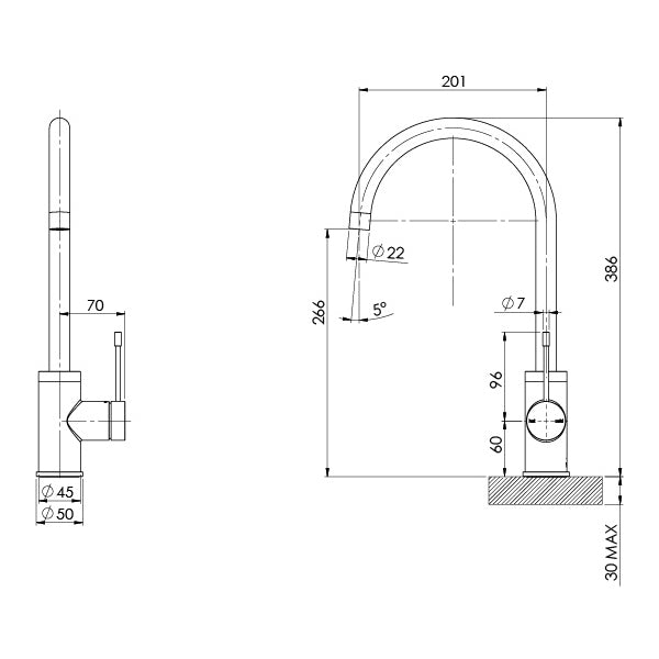 Phoenix Vivid Slimline stainless steel sink mixer technical drawing, gooseneck swivel tap with dimensions shown