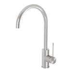 Phoenix Vivid Slimline stainless steel gooseneck sink mixer with slim lever handle, front view on white background