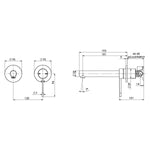 Phoenix Vivid Slimline wall basin/bath mixer set, technical drawing with dimensions and side/front views, stainless steel finish