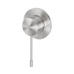 Phoenix Vivid Slimline wall mixer in stainless steel, with slim round plate and thin lever handle on white background
