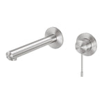 Phoenix Vivid Slimline wall basin/bath mixer set in brushed stainless steel, shown with slim spout and round wall plate