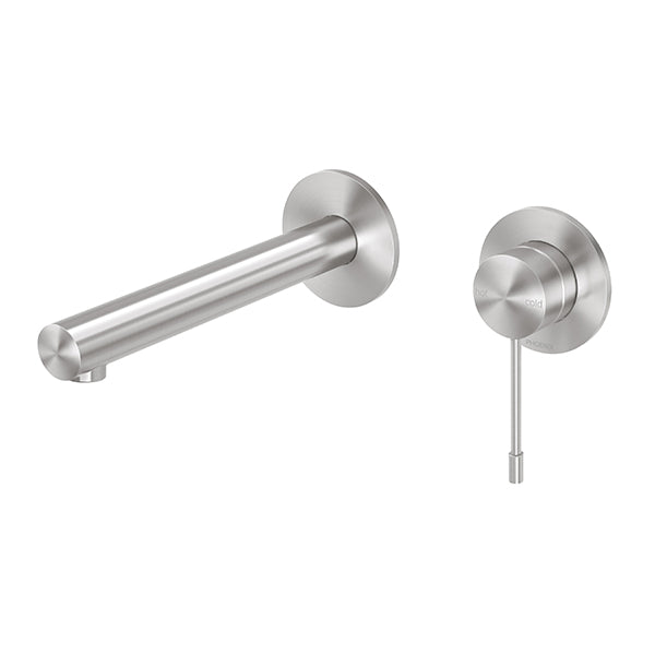 Phoenix Vivid Slimline wall basin/bath mixer set in brushed stainless steel, shown with slim spout and round wall plate