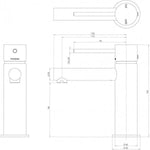 Phoenix Vivid Slimline basin mixer in matte black, shown in technical drawing with dimensions and top, front and side views