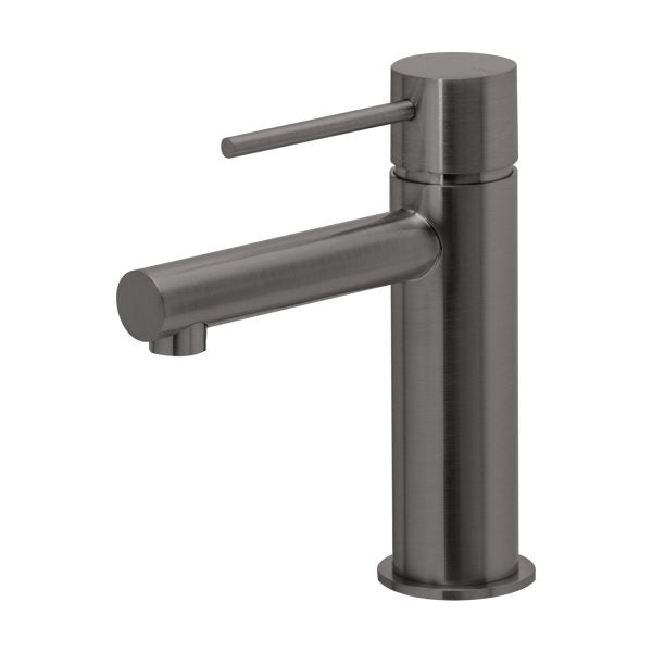 Phoenix Vivid Slimline basin mixer in brushed carbon, with slim lever handle and cylindrical spout on a white background
