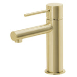 Phoenix Vivid Slimline basin mixer in brushed gold, side view, with slim lever handle and cylindrical hob-mounted body