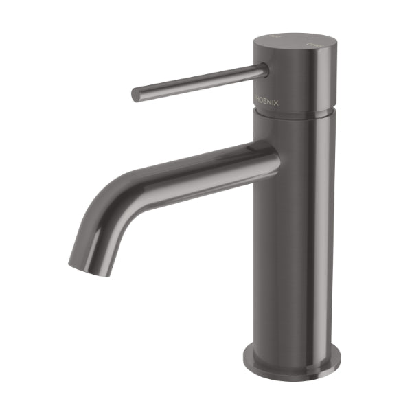 Phoenix Vivid Slimline basin mixer with curved outlet in brushed carbon, side view on white background